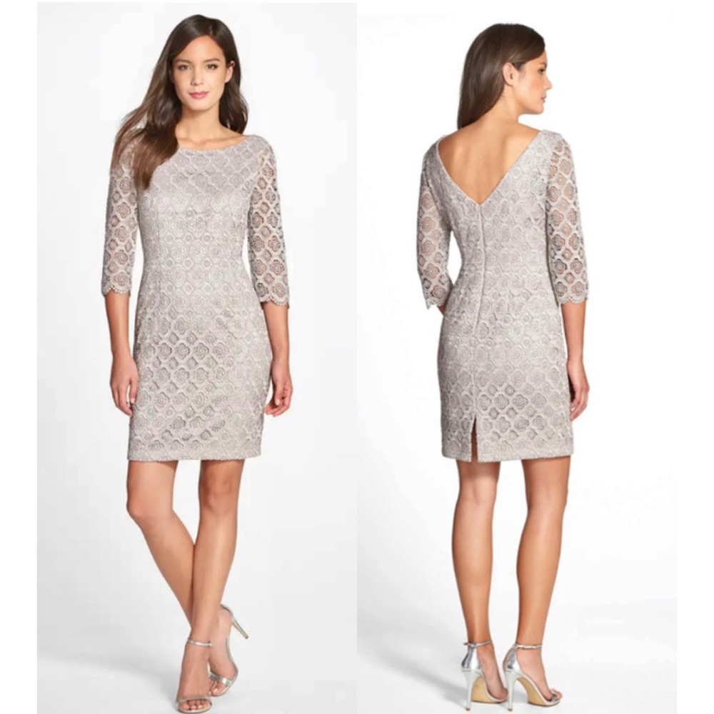 Vince Camuto Silver metallic lace overlay sheath dress cocktail V back taupe